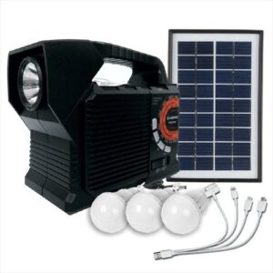 KIT RADIO CON PANEL SOLAR, LAMPARA, AM-FM + BT + 4 BOMBILLOS
